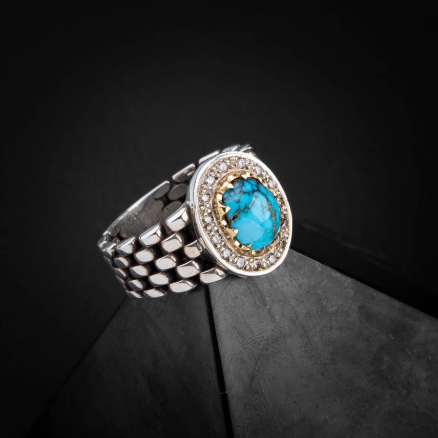 Turkuaz (Firuze) Doğal Taş Özel Koleksiyon İrityumlu (Kararmaz) Gümüş Yüzük - 4