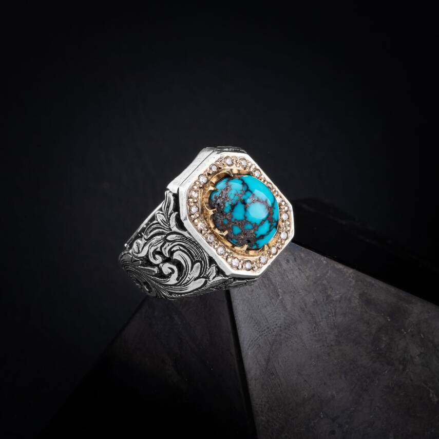 Turkuaz Firuze Doğal Taş Özel Koleksiyon İrityumlu (Kararmaz) Gümüş Yüzük - 1