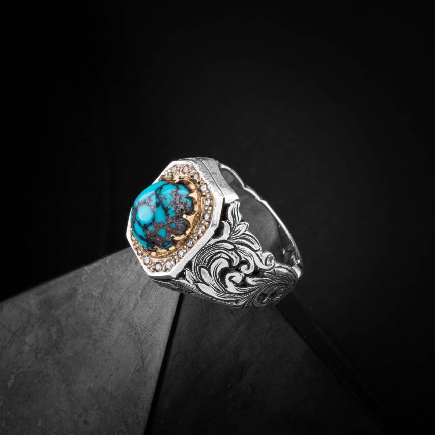 Turkuaz Firuze Doğal Taş Özel Koleksiyon İrityumlu (Kararmaz) Gümüş Yüzük - 3