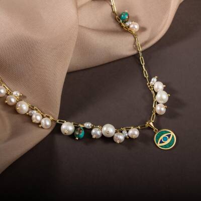 Turkuaz Firuze İnci Doğal Taş Gümüş Zincir Kolye - 54cm - Osmanlı Doğaltaş