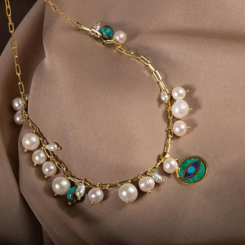 Turkuaz Firuze İnci Doğal Taş Gümüş Zincir Kolye - 54cm - 2