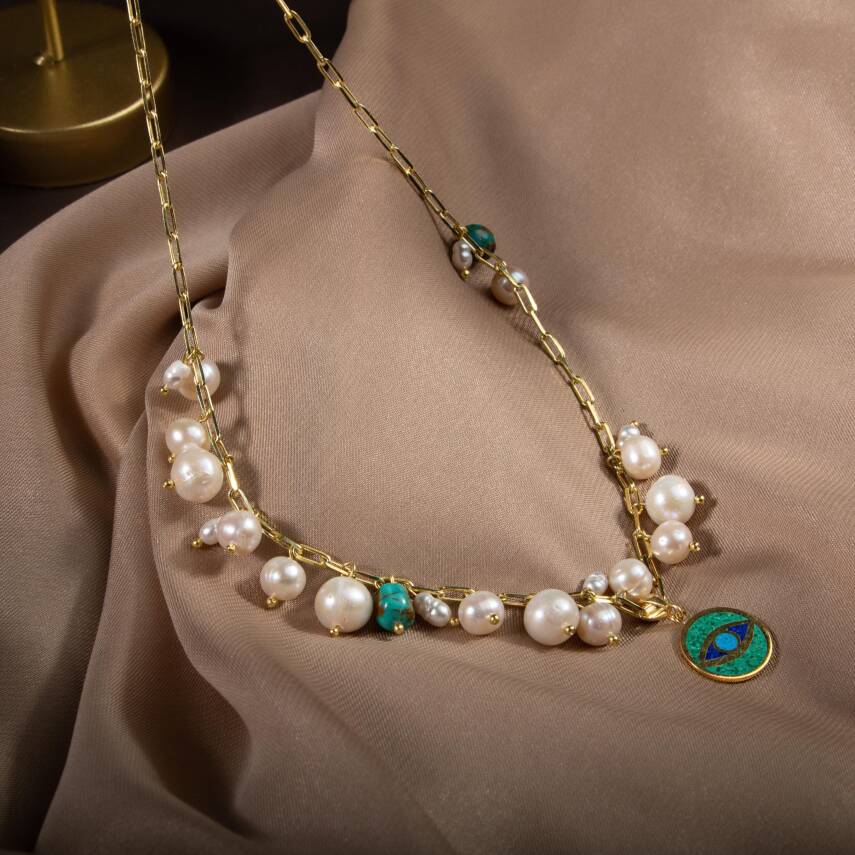 Turkuaz Firuze İnci Doğal Taş Gümüş Zincir Kolye - 54cm - 3