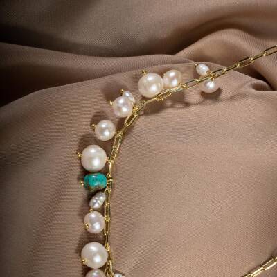 Turkuaz Firuze İnci Doğal Taş Gümüş Zincir Kolye - 54cm - 4