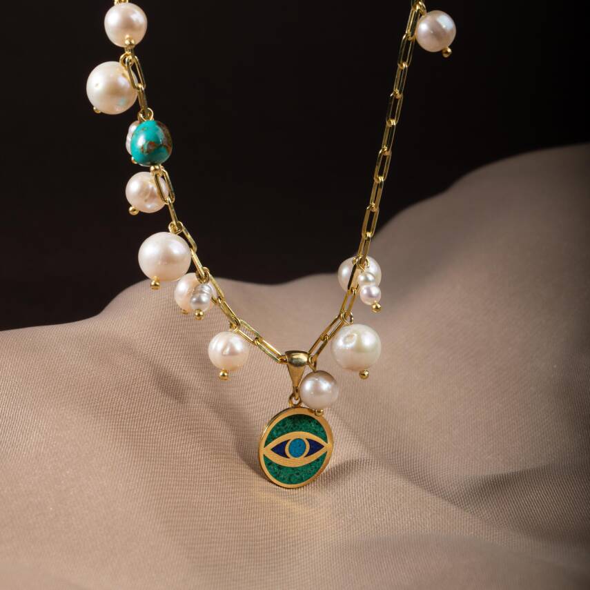 Turkuaz Firuze İnci Doğal Taş Gümüş Zincir Kolye - 54cm - 5