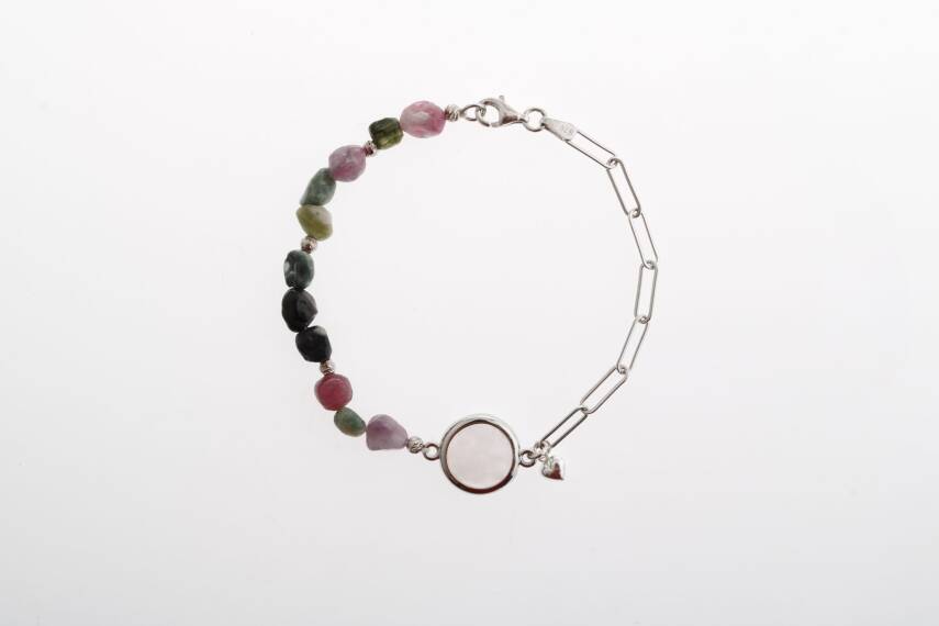 Turmalin, Pembe Kuvars Doğal Taş Gümüş Zincir Bileklik - 1