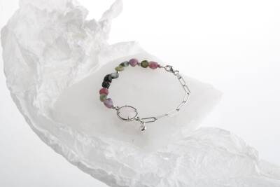 Turmalin, Pembe Kuvars Doğal Taş Gümüş Zincir Bileklik - 2