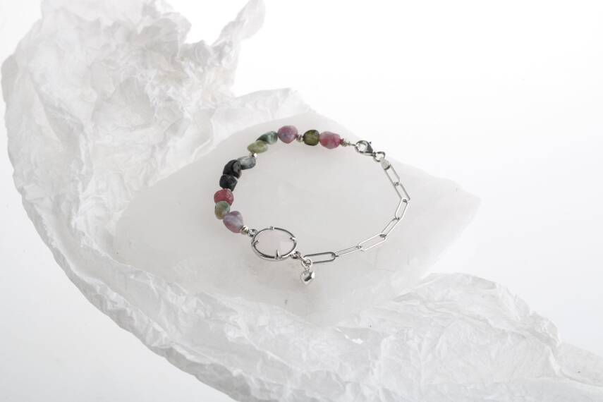 Turmalin, Pembe Kuvars Doğal Taş Gümüş Zincir Bileklik - 2