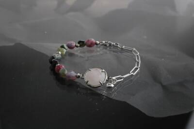 Turmalin, Pembe Kuvars Doğal Taş Gümüş Zincir Bileklik - 3