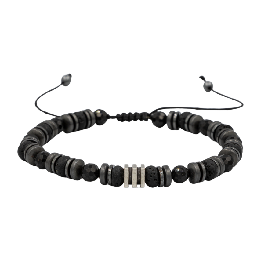Turmalin-Siyah Lav Taşı-Hematit Doğal Taş Erkek Makrome Bileklik - 1