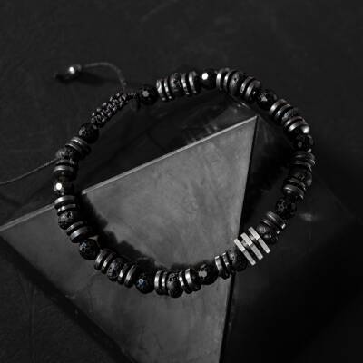 Turmalin-Siyah Lav Taşı-Hematit Doğal Taş Erkek Makrome Bileklik - 2