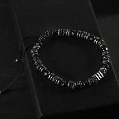 Turmalin-Siyah Lav Taşı-Hematit Doğal Taş Erkek Makrome Bileklik - 3