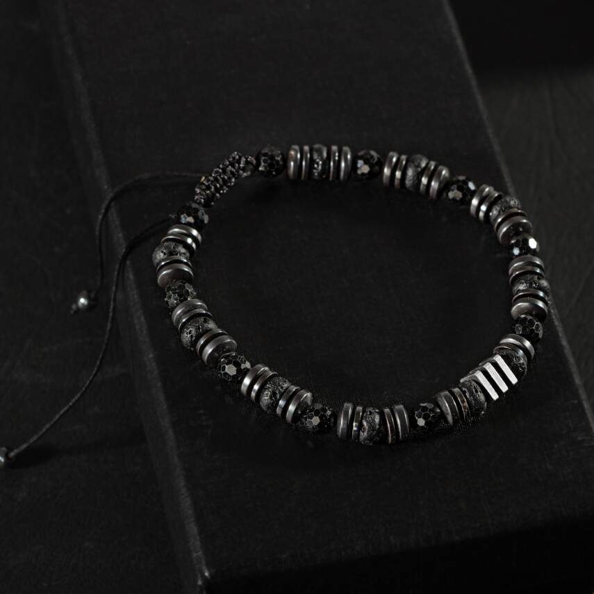 Turmalin-Siyah Lav Taşı-Hematit Doğal Taş Erkek Makrome Bileklik - 3