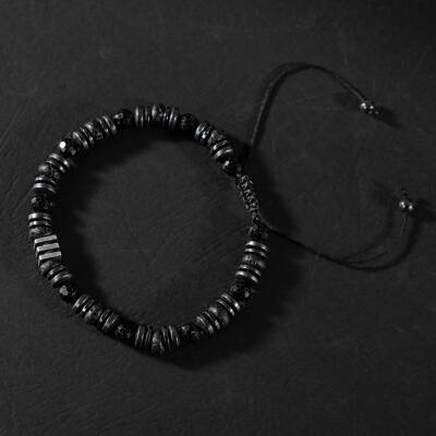 Turmalin-Siyah Lav Taşı-Hematit Doğal Taş Erkek Makrome Bileklik - 4