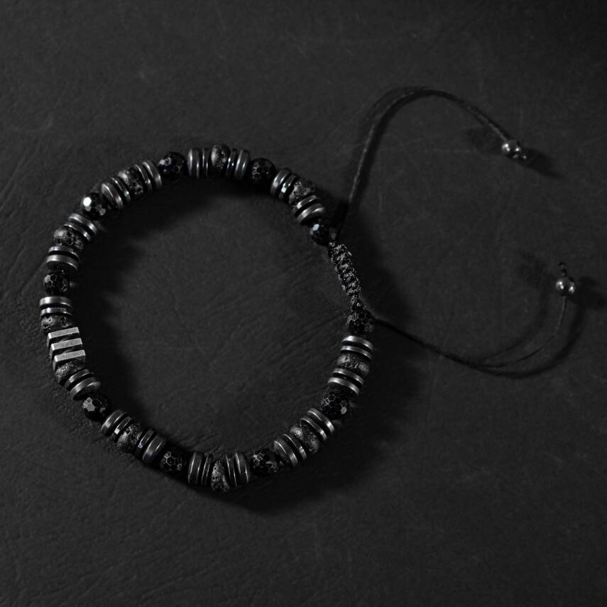 Turmalin-Siyah Lav Taşı-Hematit Doğal Taş Erkek Makrome Bileklik - 4