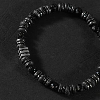 Turmalin-Siyah Lav Taşı-Hematit Doğal Taş Erkek Makrome Bileklik - 5