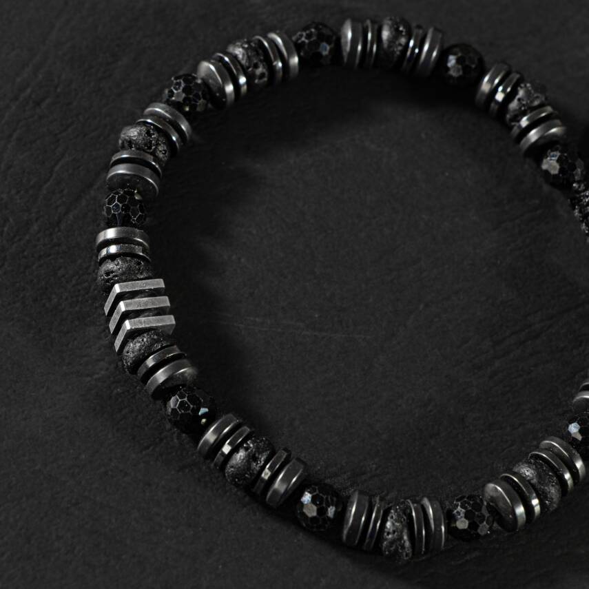 Turmalin-Siyah Lav Taşı-Hematit Doğal Taş Erkek Makrome Bileklik - 5