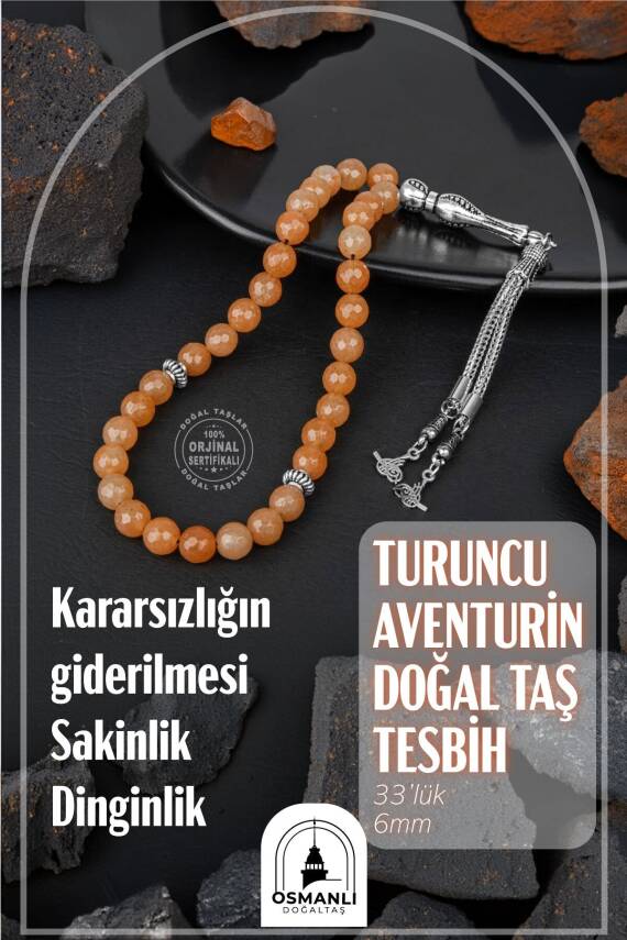 Turuncu Aventurin Doğal Taş Tesbih 33lük - 6mm - 2