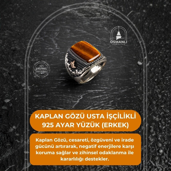 Usta İşçilikli 925 Ayar Kaplan Gözü Yüzük (Erkek) - 2