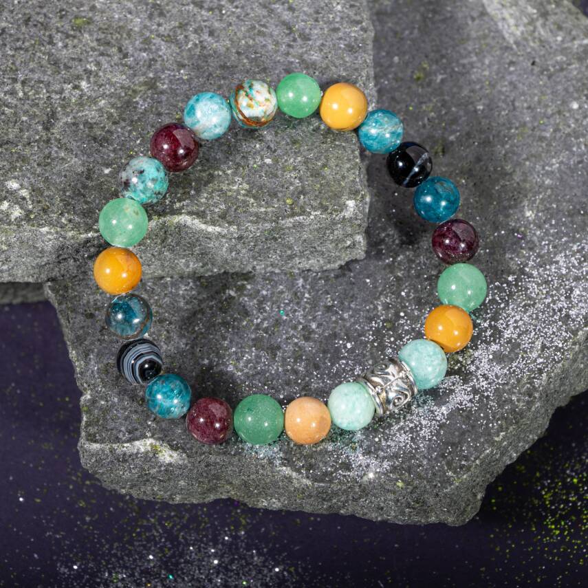 Yay Burcu Bileklik Ametist, Dumortierit, İspanyol Varisit, Kalsit, Labradorit - 4