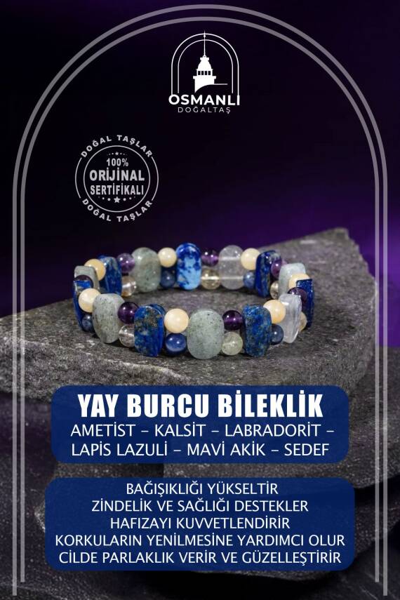 Yay Burcu Bileklik Ametist, Kalsit, Labradorit, Lapis Lazuli, Mavi Akik, Sedef - 1