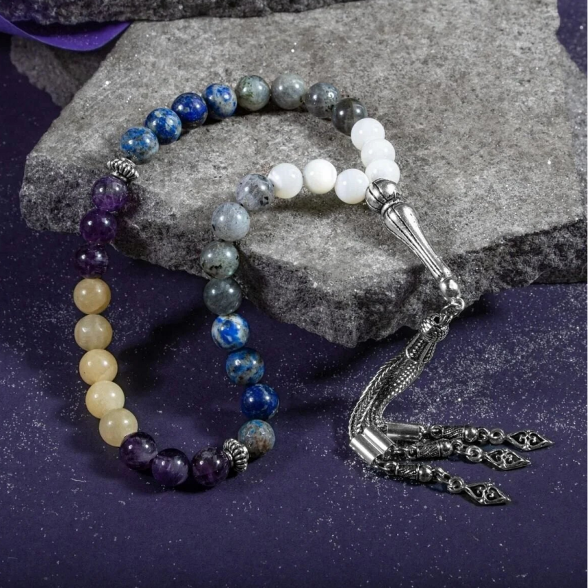 Yay Burcu Tesbih Ametist, Kalsit, Labradorit, Lapis Lazuli, Sedef - 1