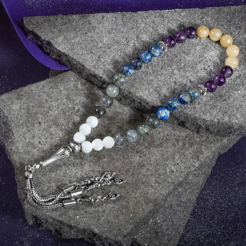 Yay Burcu Tesbih Ametist, Kalsit, Labradorit, Lapis Lazuli, Sedef - 5