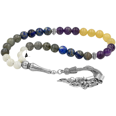 Yay Burcu Tesbih Ametist, Kalsit, Labradorit, Lapis Lazuli, Sedef - Osmanlı Doğaltaş