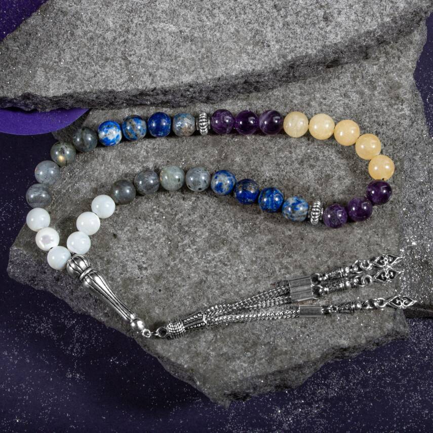 Yay Burcu Tesbih Ametist, Kalsit, Labradorit, Lapis Lazuli, Sedef - 3