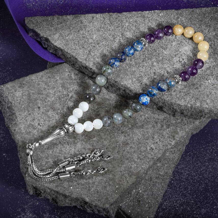 Yay Burcu Tesbih Ametist, Kalsit, Labradorit, Lapis Lazuli, Sedef - 4