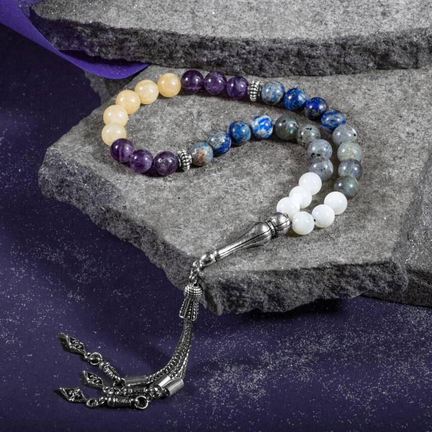 Yay Burcu Tesbih Ametist, Kalsit, Labradorit, Lapis Lazuli, Sedef - 5
