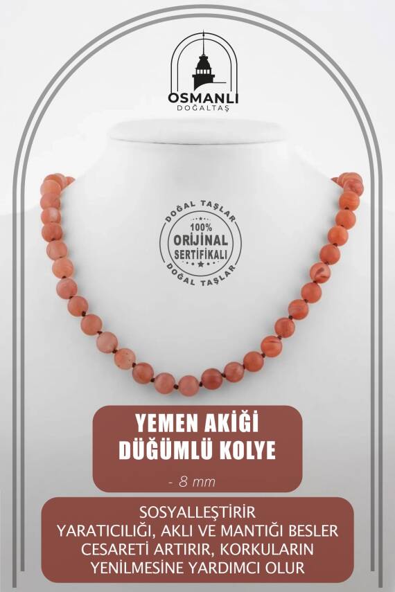 Yemen Akiği 8 mm Düğümlü Doğal Taş Kolye - 1