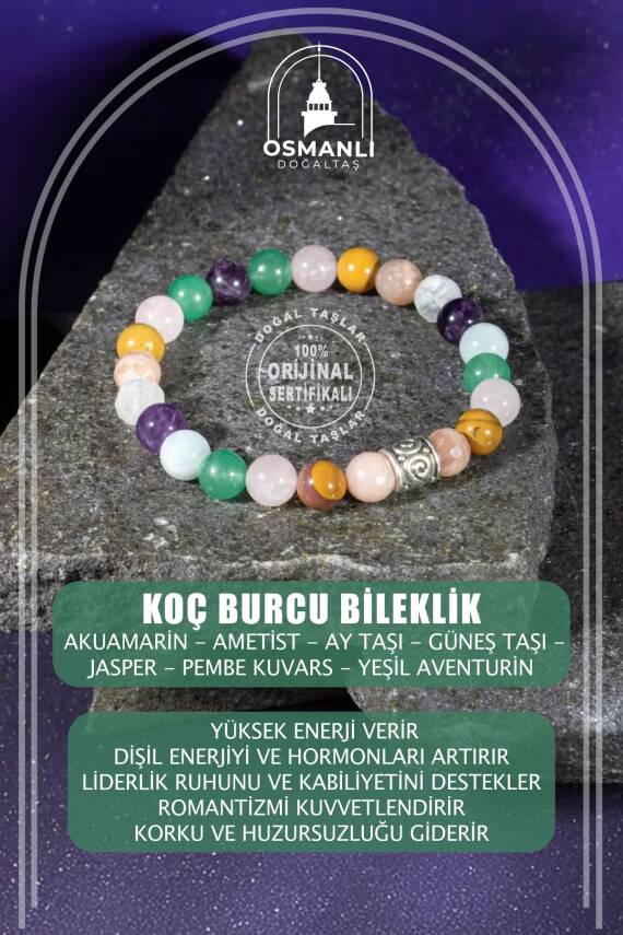Yengeç Burcu Bileklik Ametist, Ay Taşı, Golden Obsidyen, Kan Taşı, Kaplan Gözü, Pembe Kuvars, Yeşil Aventurin - 2
