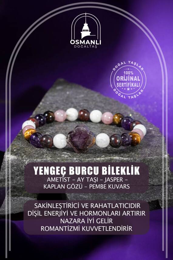 Yengeç Burcu Bileklik Ametist, Ay Taşı, Jasper, Kaplan Gözü, Pembe Kuvars - 1