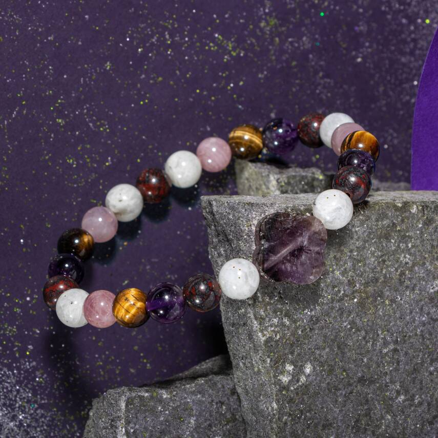 Yengeç Burcu Bileklik Ametist, Ay Taşı, Jasper, Kaplan Gözü, Pembe Kuvars - 2