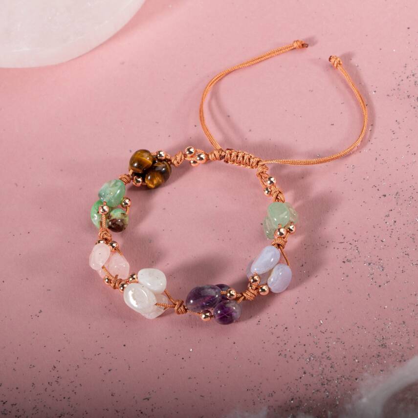 Yengeç Burcu Bileklik Ametist, Ay Taşı, Kalsedon, Kaplan Gözü, Krizopras, Pembe Kuvars, Yeşil Aventurin - 1