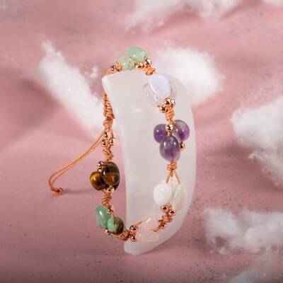 Yengeç Burcu Bileklik Ametist, Ay Taşı, Kalsedon, Kaplan Gözü, Krizopras, Pembe Kuvars, Yeşil Aventurin - 2