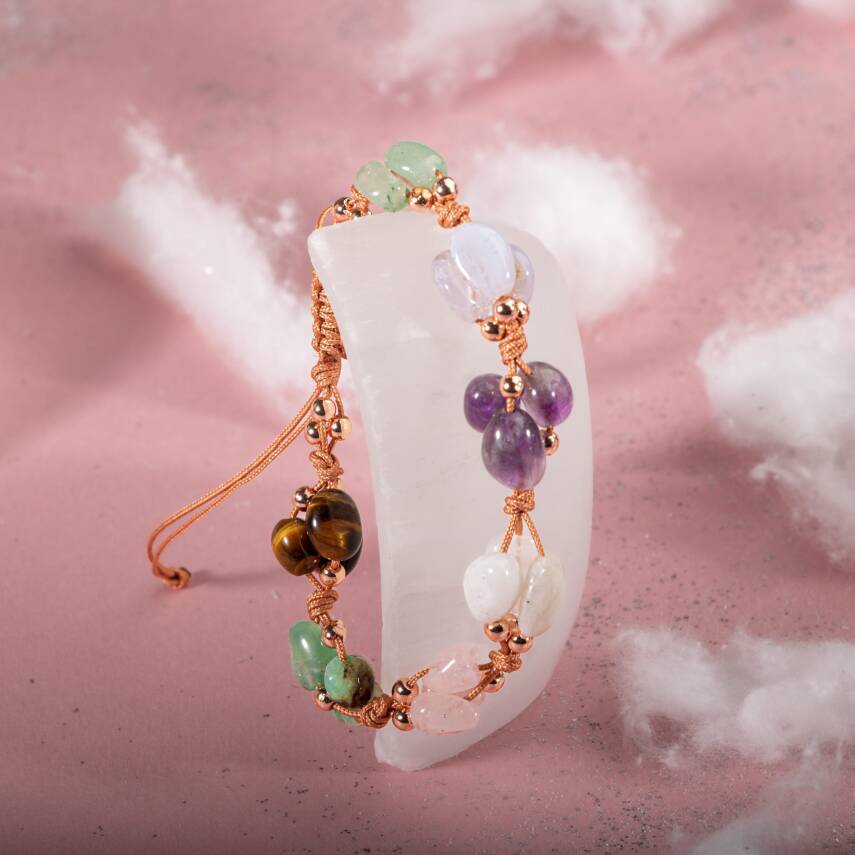 Yengeç Burcu Bileklik Ametist, Ay Taşı, Kalsedon, Kaplan Gözü, Krizopras, Pembe Kuvars, Yeşil Aventurin - 2