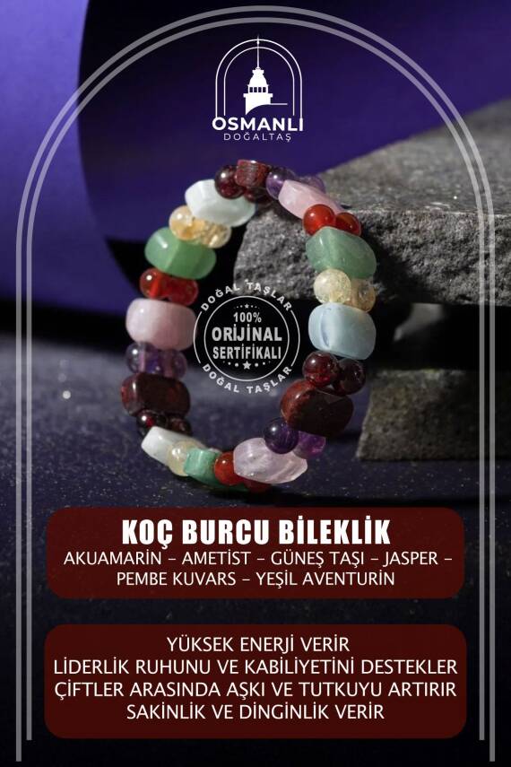 Yengeç Burcu Bileklik Ametist, Ay Taşı, Kaplan Gözü, Kırmızı Akik, Pembe Kuvars, Yeşil Aventurin - 2