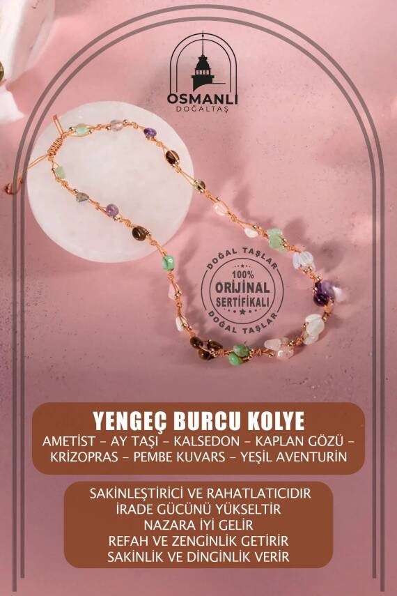 Yengeç Burcu Kolye Ametist, Ay Taşı, Kalsedon, Kaplan Gözü, Krizopras, Pembe Kuvars, Yeşil Aventurin - 2