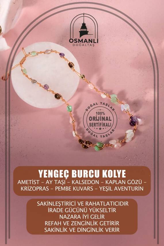 Yengeç Burcu Kolye Ametist, Ay Taşı, Kalsedon, Kaplan Gözü, Krizopras, Pembe Kuvars, Yeşil Aventurin - 1