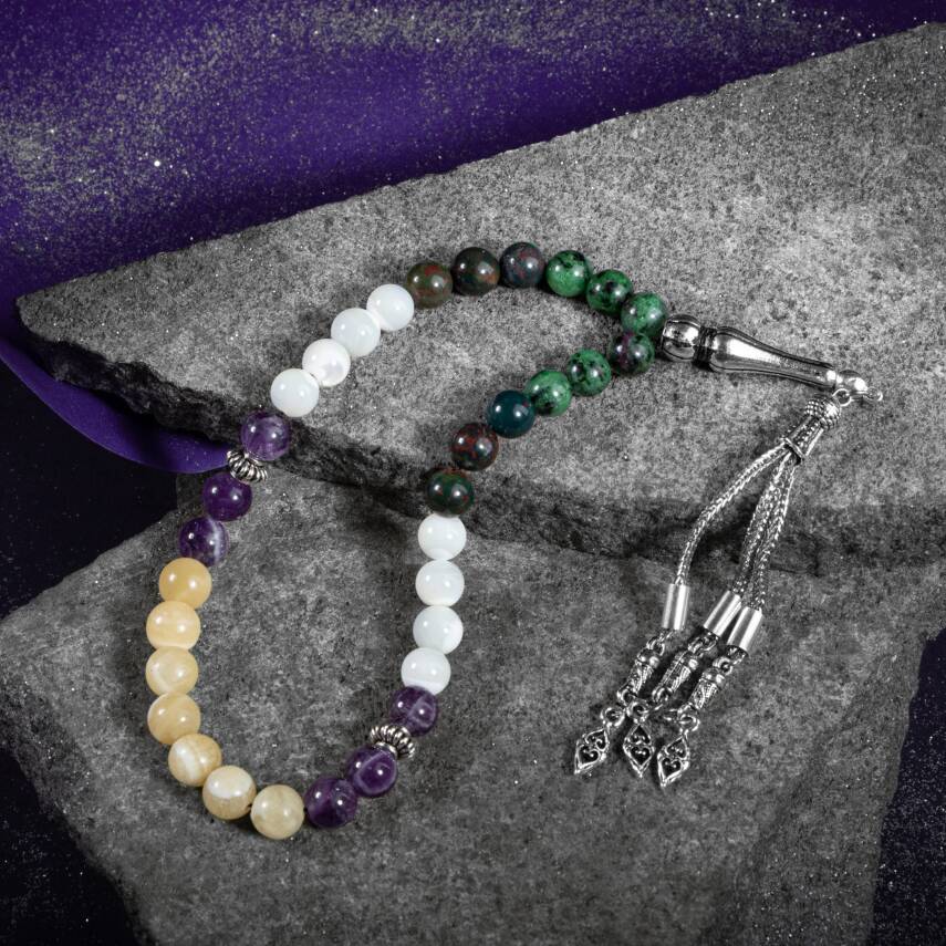 Yengeç Burcu Tesbih Ametist, Anyolit, Aragonit, Kan Taşı, Sedef - 4