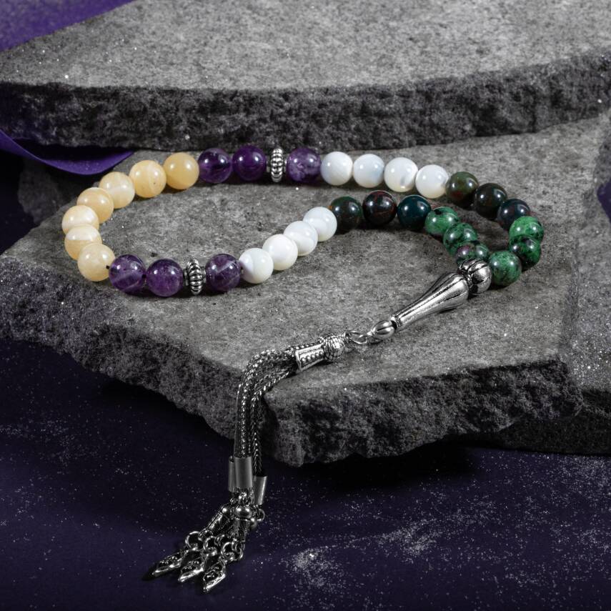 Yengeç Burcu Tesbih Ametist, Anyolit, Aragonit, Kan Taşı, Sedef - 5