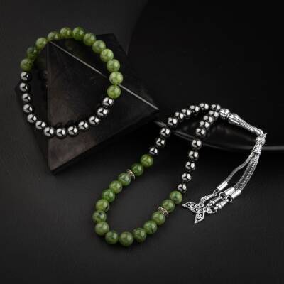 Yeşim-Hematit Doğal Taş Tesbih Bileklik Seti - 2