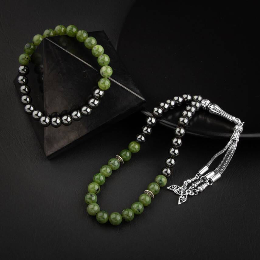 Yeşim-Hematit Doğal Taş Tesbih Bileklik Seti - 2