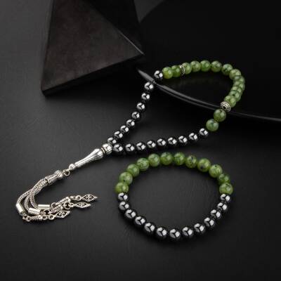 Yeşim-Hematit Doğal Taş Tesbih Bileklik Seti - 3