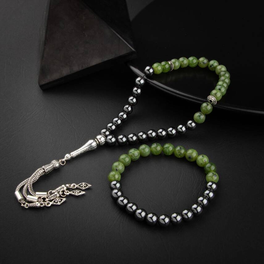 Yeşim-Hematit Doğal Taş Tesbih Bileklik Seti - 3