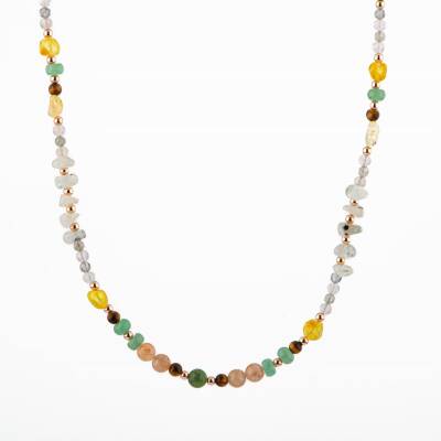 Yeşim-Kaplan Gözü-Hematit-Güneş Taşı-Aventurin-Sitrin-Kehribar-Labradorit-Ay Taşı-Pembe Kuvars Doğal Taş Kolye - Osmanlı Doğaltaş