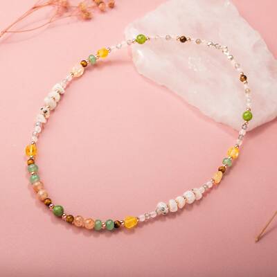 Yeşim-Kaplan Gözü-Hematit-Güneş Taşı-Aventurin-Sitrin-Kehribar-Labradorit-Ay Taşı-Pembe Kuvars Doğal Taş Kolye - 2