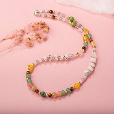 Yeşim-Kaplan Gözü-Hematit-Güneş Taşı-Aventurin-Sitrin-Kehribar-Labradorit-Ay Taşı-Pembe Kuvars Doğal Taş Kolye - 3