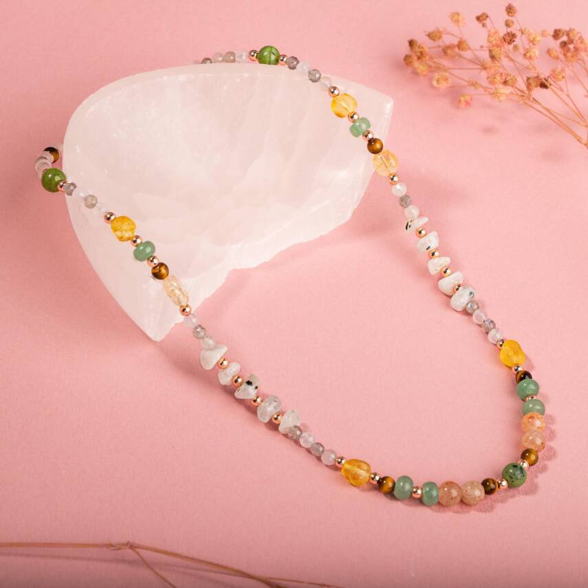 Yeşim-Kaplan Gözü-Hematit-Güneş Taşı-Aventurin-Sitrin-Kehribar-Labradorit-Ay Taşı-Pembe Kuvars Doğal Taş Kolye - 4